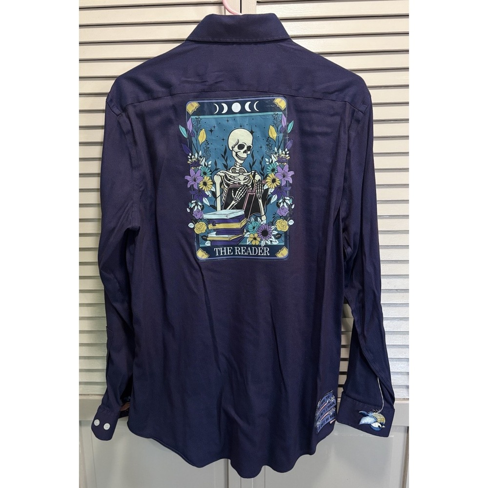 Blue Button Up Long Sleeve Slim Fit Stretch Shirt Size L 16.5" 32/33 Patches - Picture 5 of 8